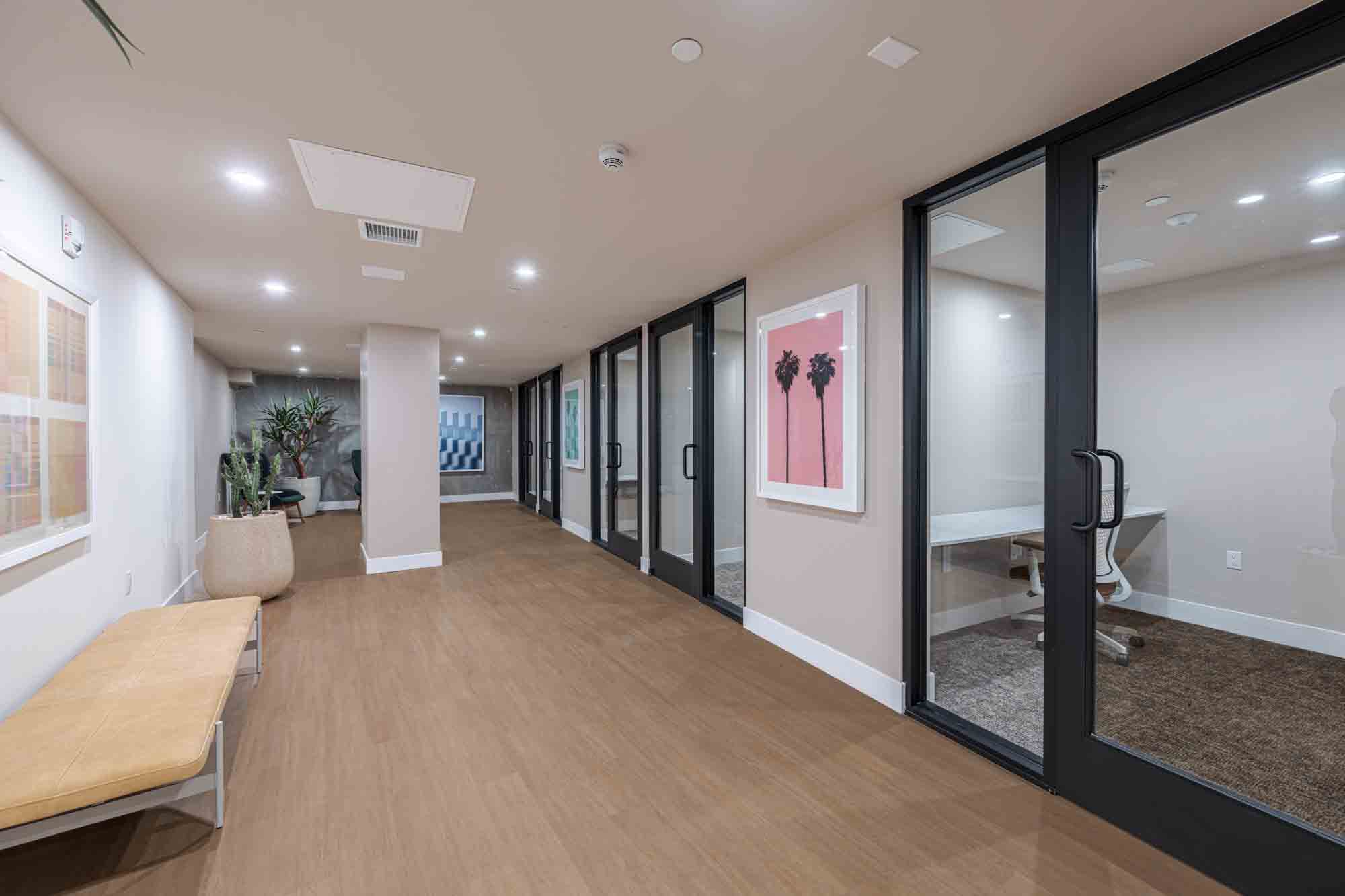 A business center with individual work from home pods